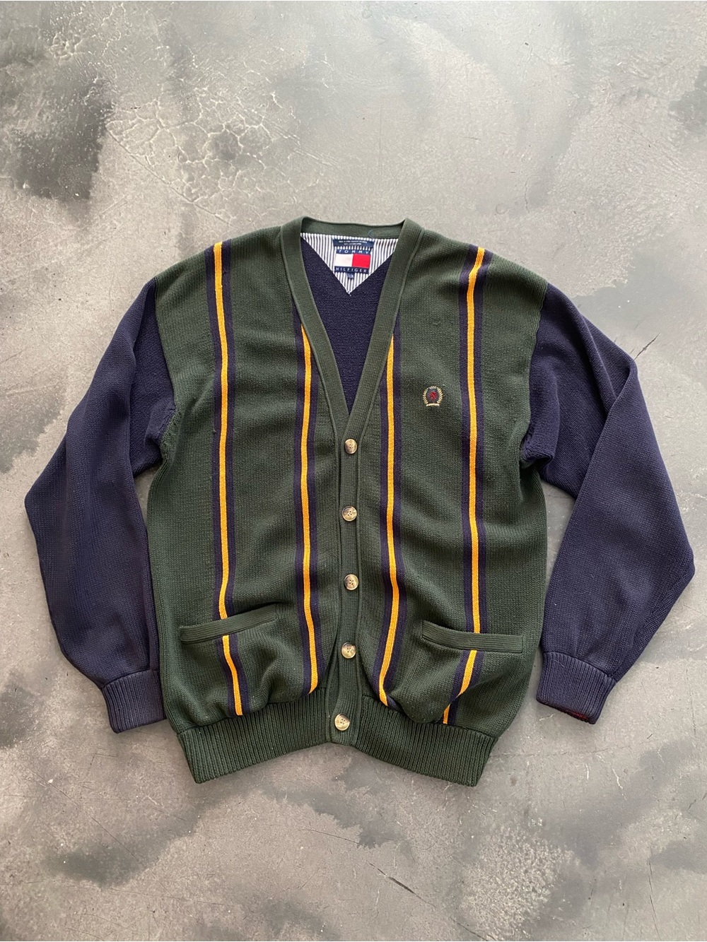 Vintage Tommy Hilfiger Green & Navy Striped V-Neck Cardigan Sweater Sz L Men’s